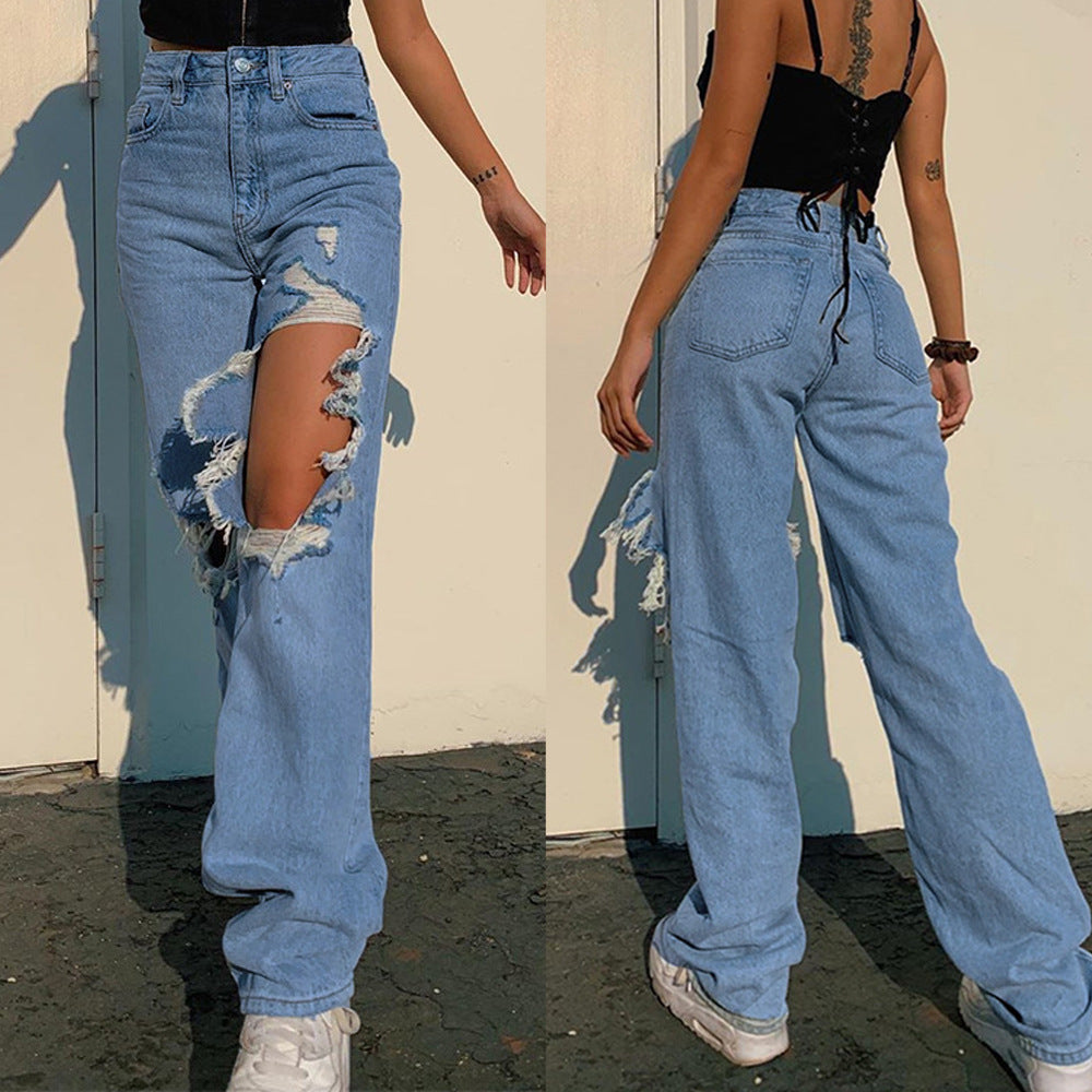 Women's Summer Loose Personality Ripped Straight Casual Women's Jeans