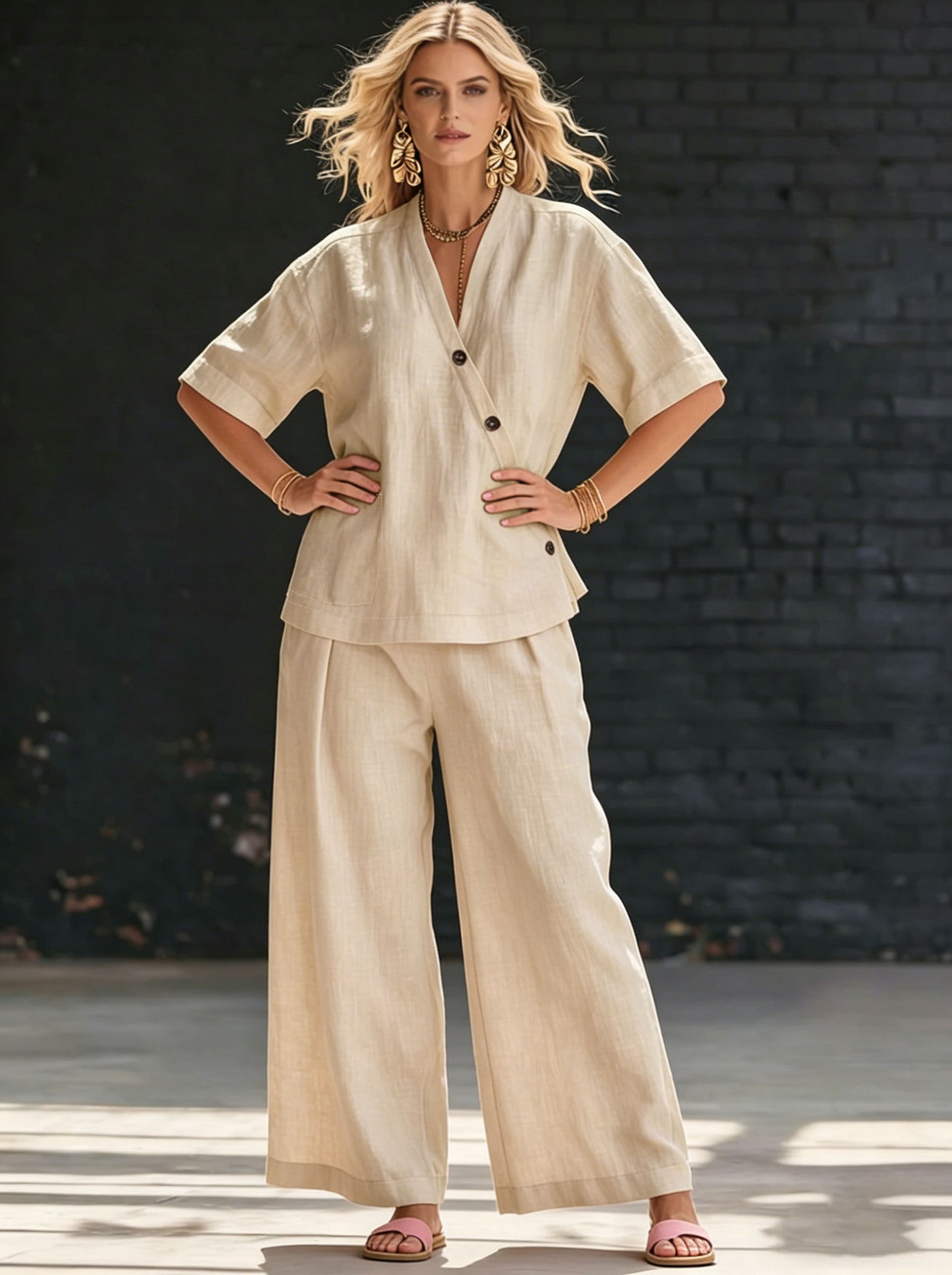 Women's Solid Color Loose Short-sleeved High Waist Trousers Fashion Casual Suit