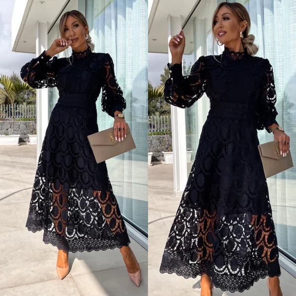 Sexy Hollow Long-sleeved Stand Collar Large Dress