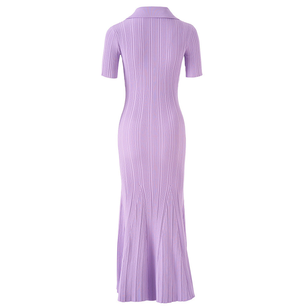 High Quality Purple Collar Drill Buckle Slim Fit Slimming Dresses