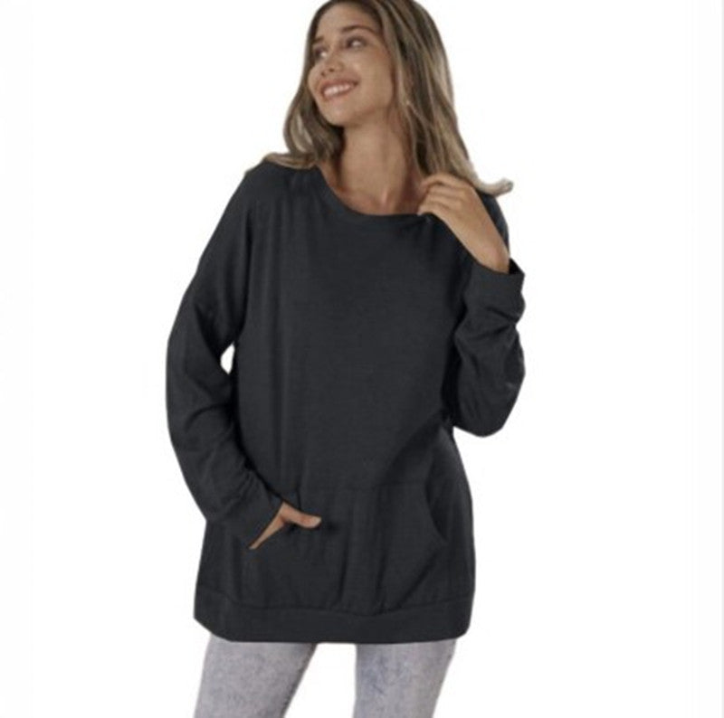 Women's Round Neck Loose Pocket Long Sleeve Tops