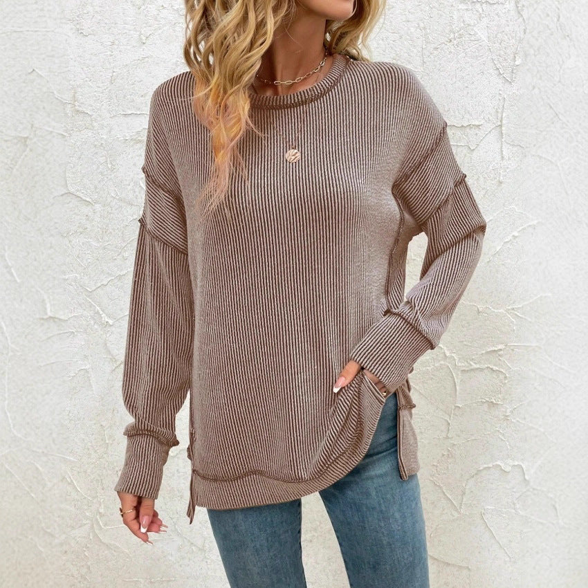Women's Twist Strip Split Long Sleeve Loose Women's Sweater, Sweater