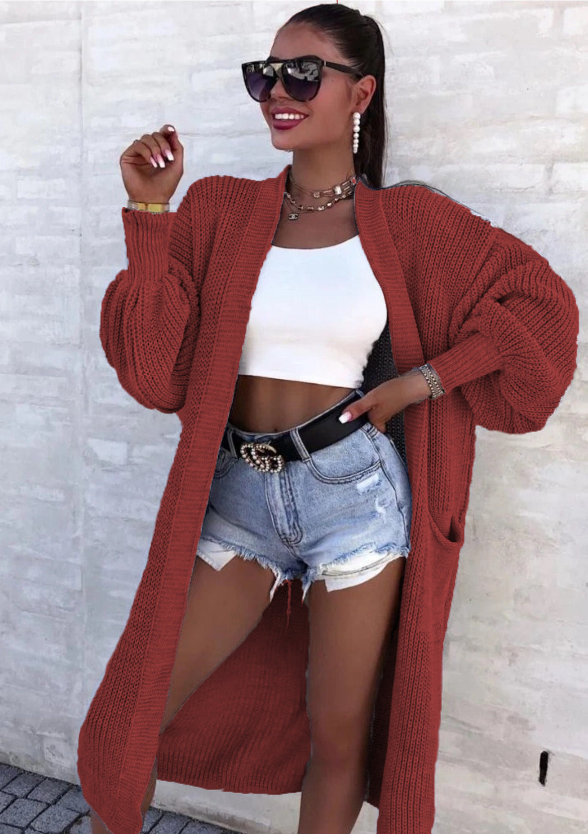Women's Loose Long Lantern Sleeve Pocket For Knitwear