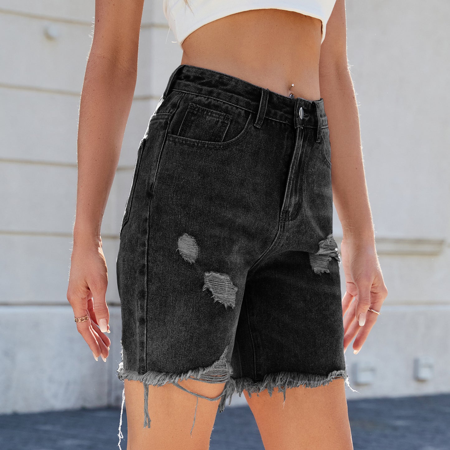 Women's Summer Washed Leisure Ripped Denim Cropped Women's Jeans