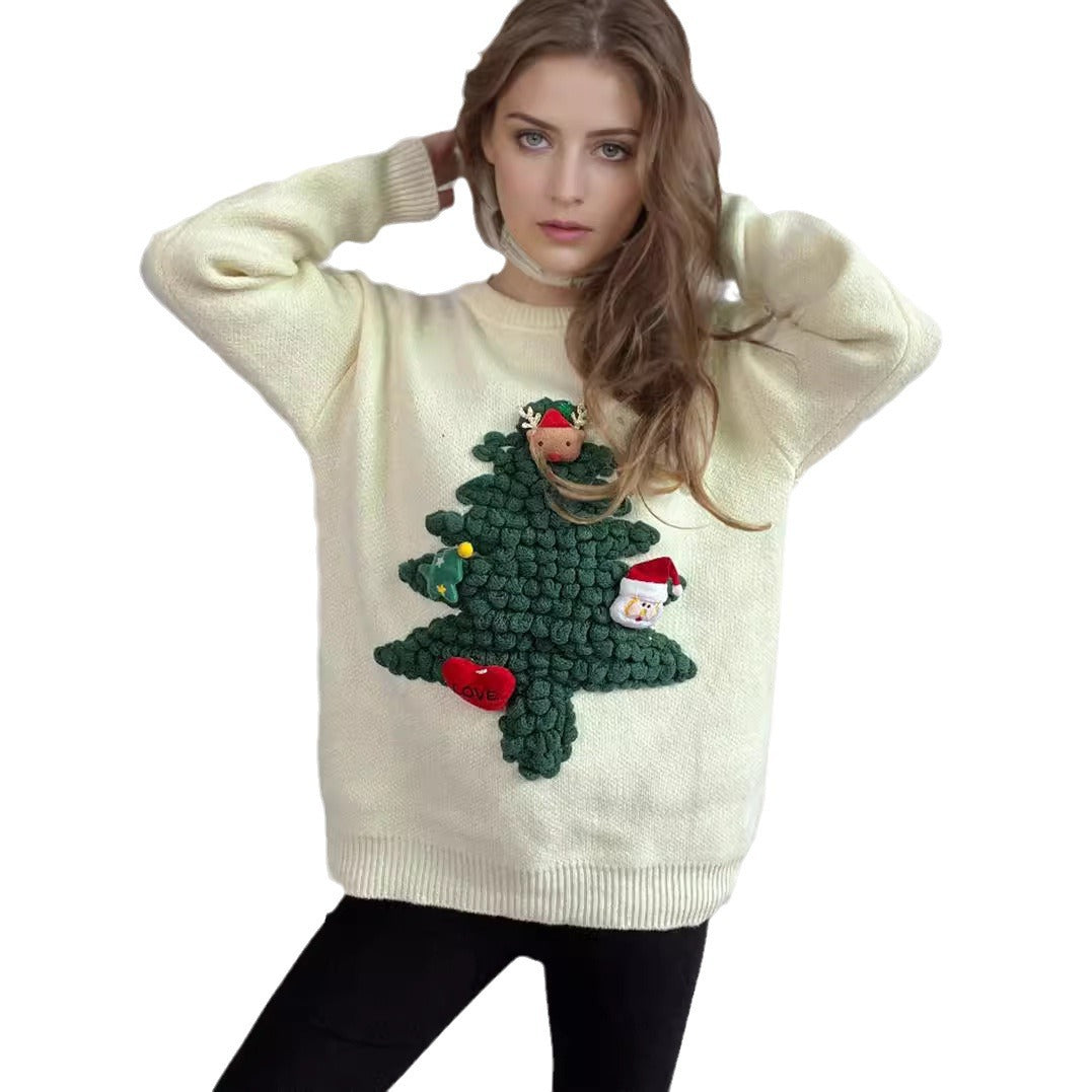 Women's Three-dimensional Flocking Christmas Tree Red Loose Sweaters