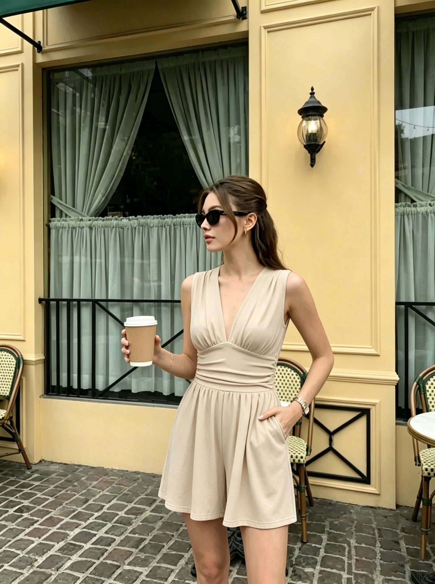Women's Casual Deep V Stretch Sleeveless Summer Tight Waist Jumpsuits