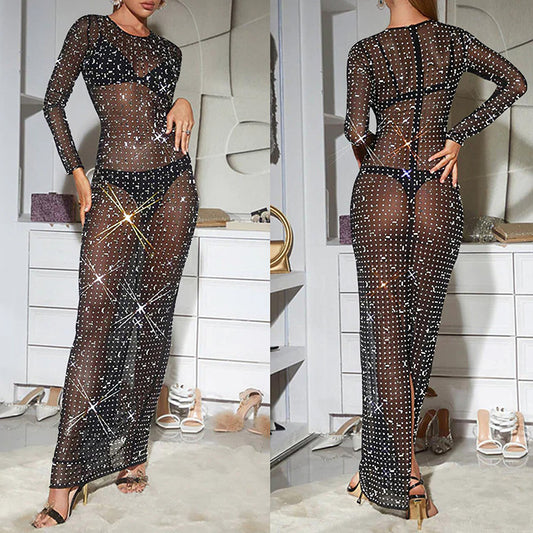 Women's Summer Sexy Pure Color Mesh Rhinestone Dresses