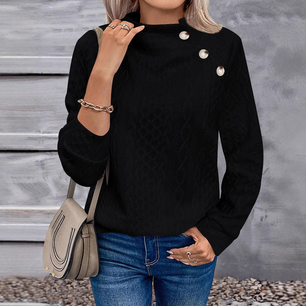 Women's Turtleneck Buttons Casual Fashion Sports T-shirt Sweaters