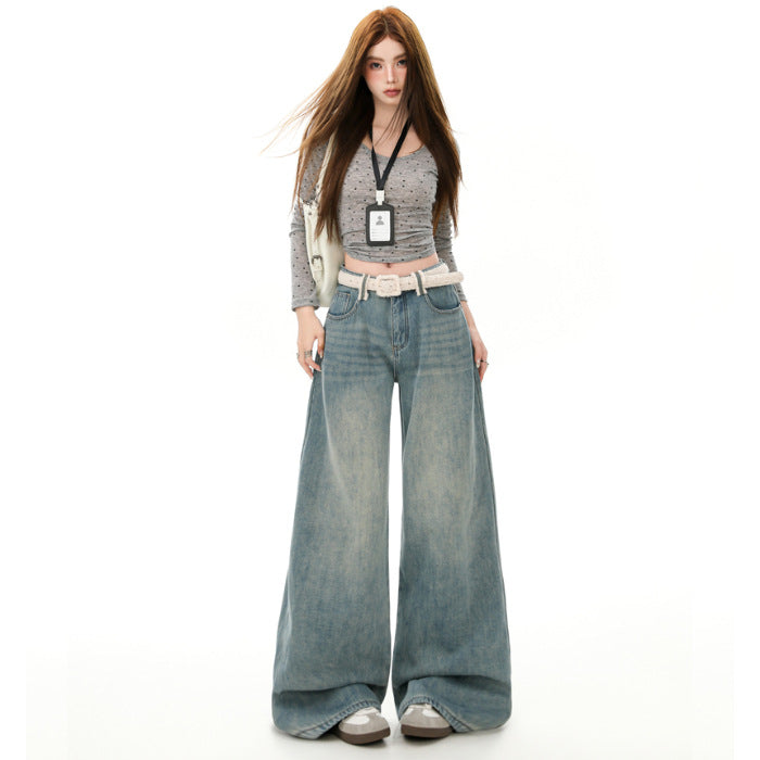 Women's Fleece-lined Thickening Wide Leg Retro Hot Style Jeans