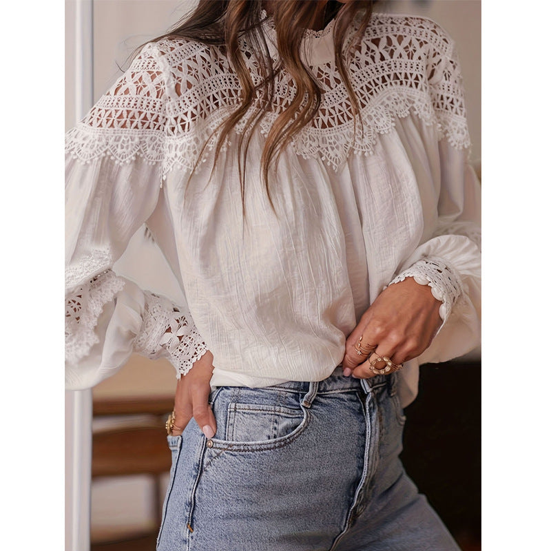 Women's Crocheted Smock Sexy Cutout Bell Sleeve Blouses