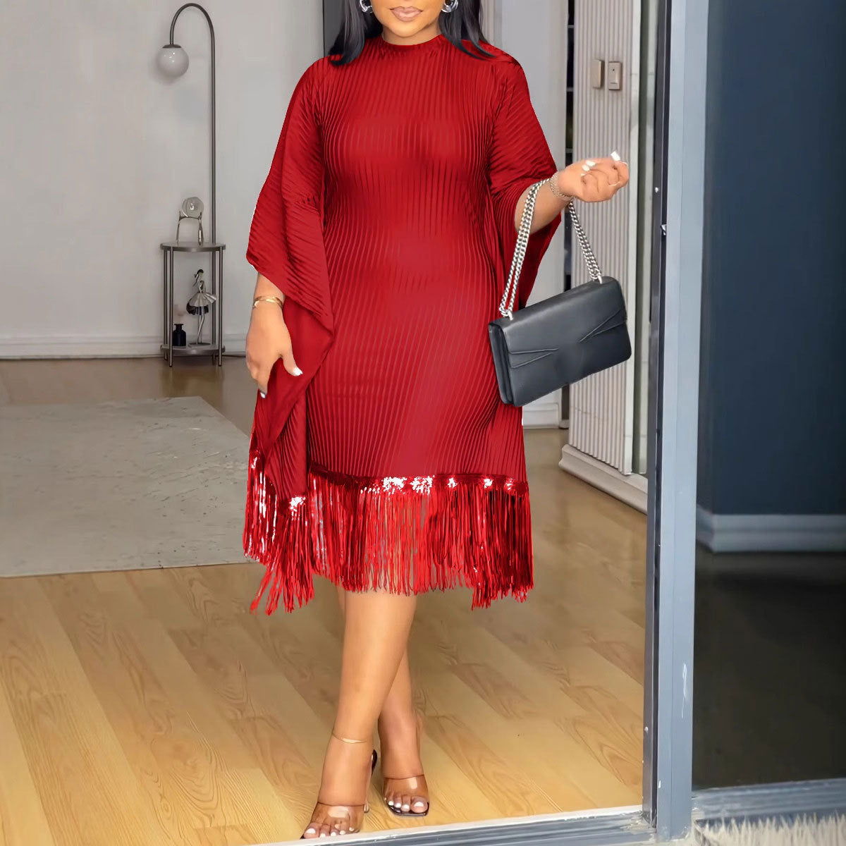 Sequined Tassel Batwing Sleeve Elastic Hip Dress