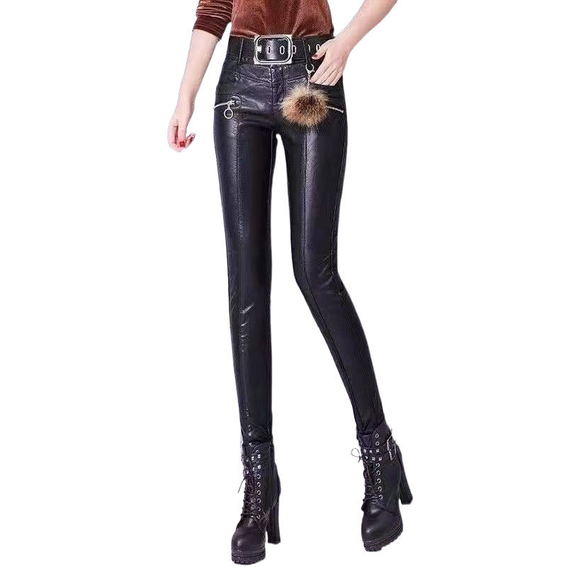 Women's Leather Outer Perforating Fleece-lined Thickened Elastic Pants