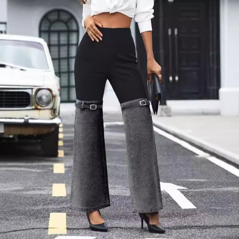 Slim Knit Denim Stitching Elastic Waist Pants