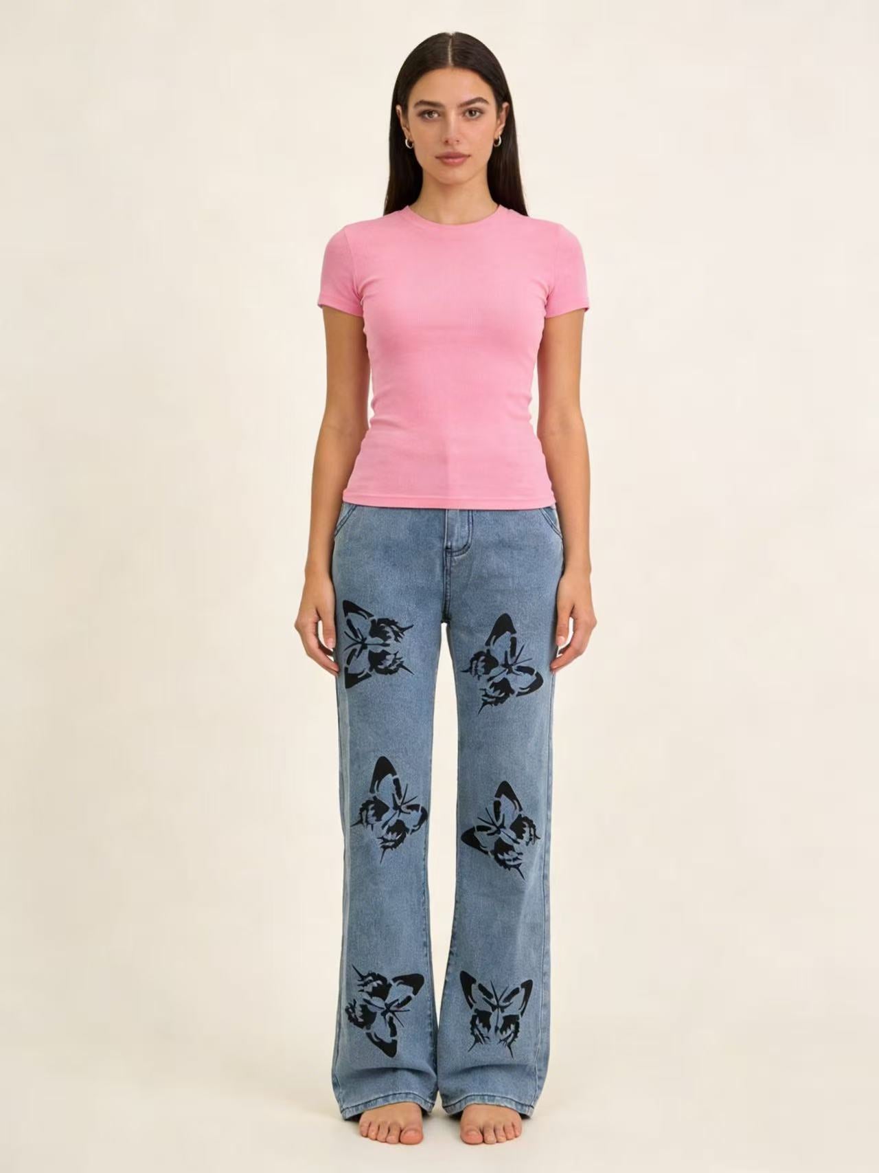 Women's Fashion Design Loose Printed Pattern Straight Women's Jeans