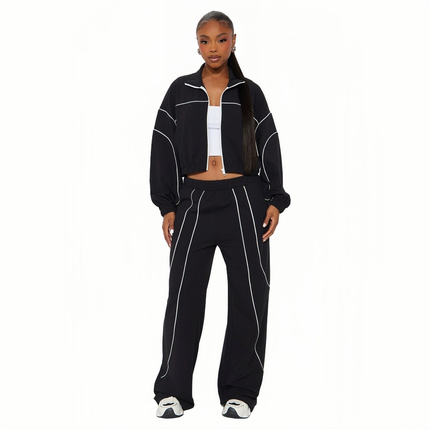 Women's Casual Wide Leg Line Color Stitching Suits