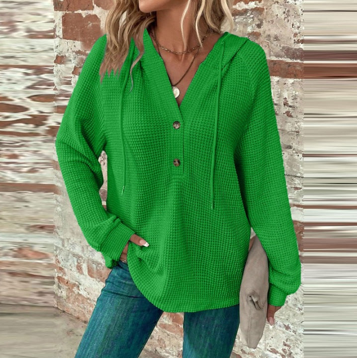 Women's Color Waffle Hooded Button Loose Long Women's Sweater, Sweater