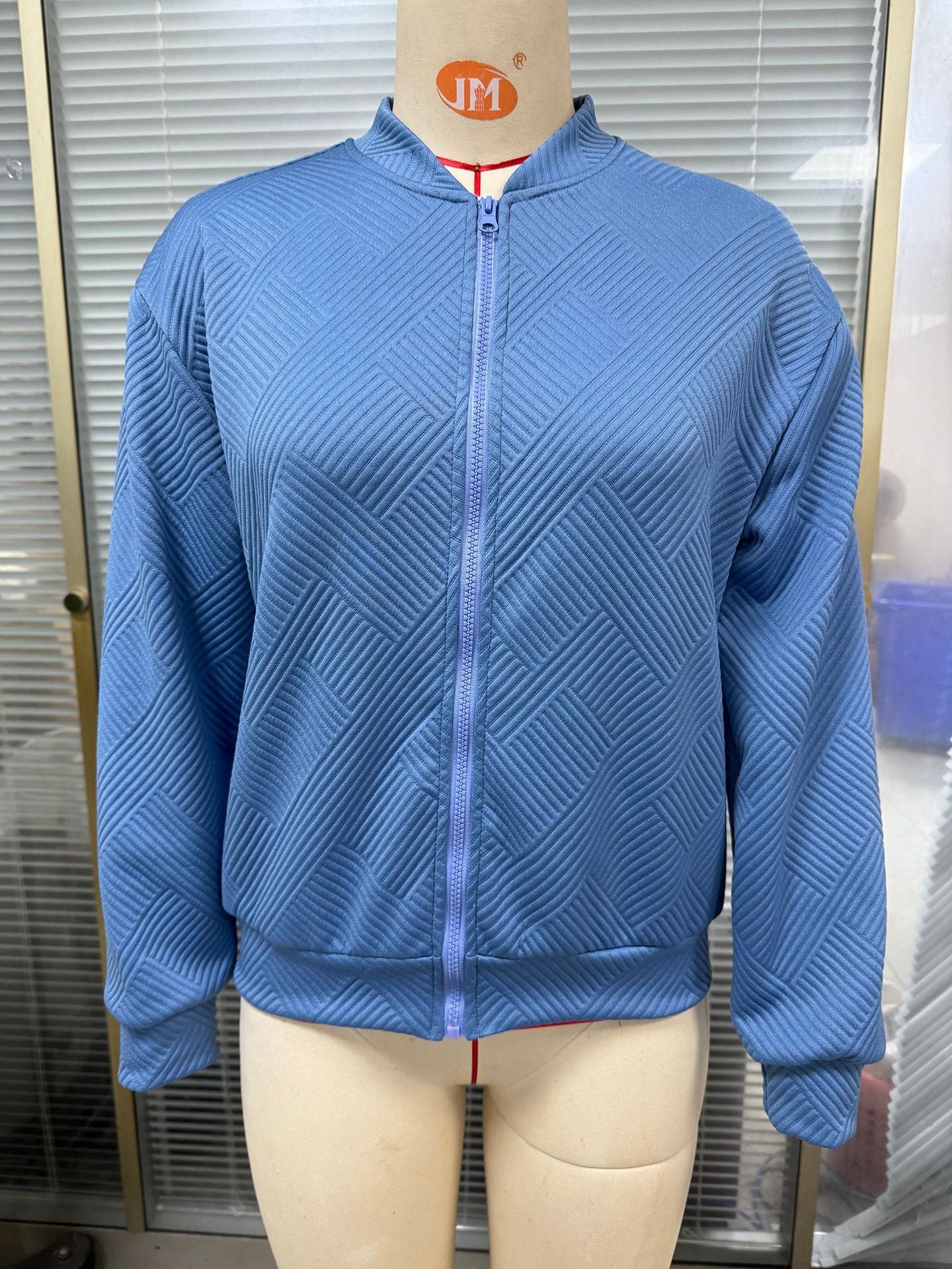 Solid Color Round Neck Loose Zip Long Sleeve Uniform