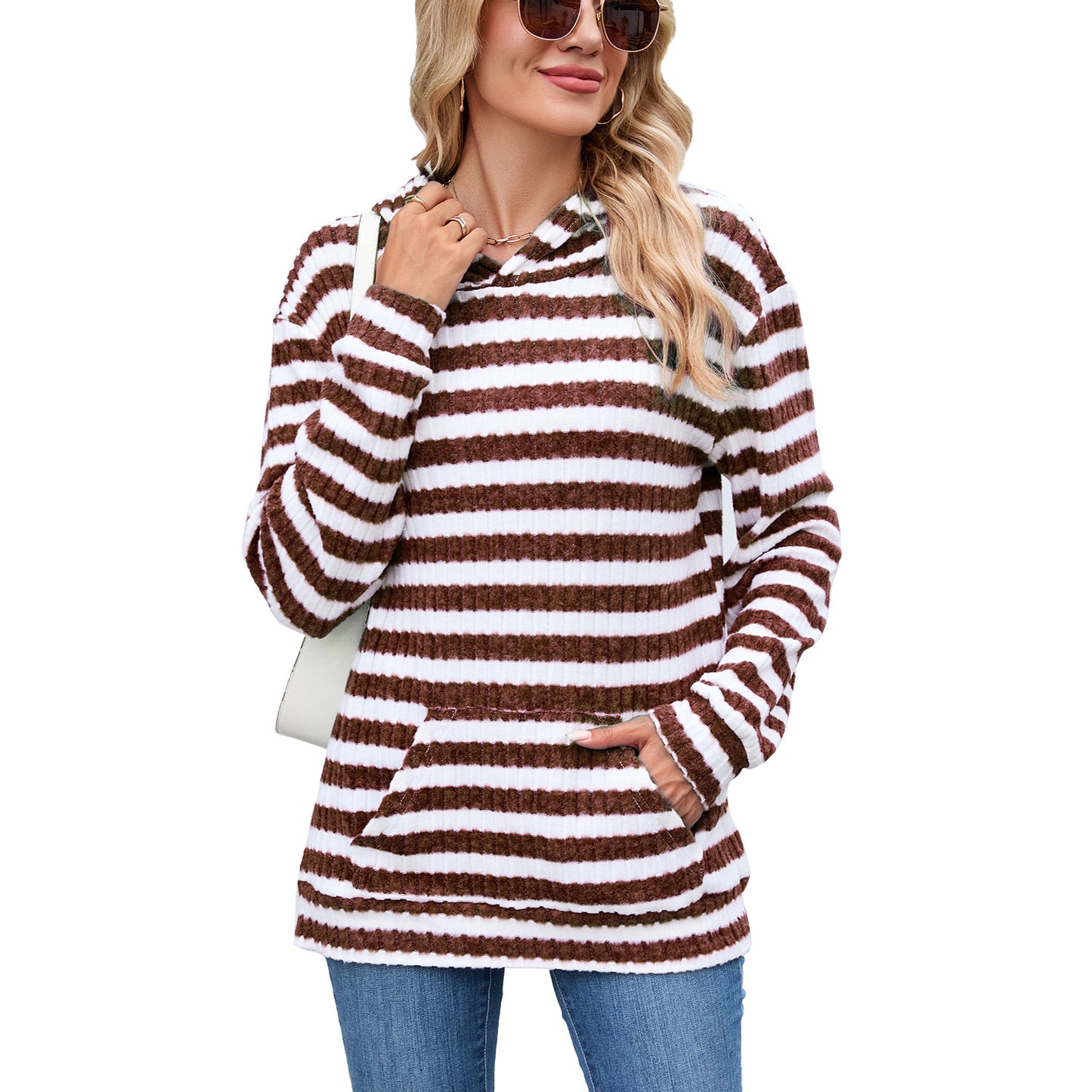 Women's Striped Hooded Pocket Loose Long Sleeve Women's Sweater, Sweater