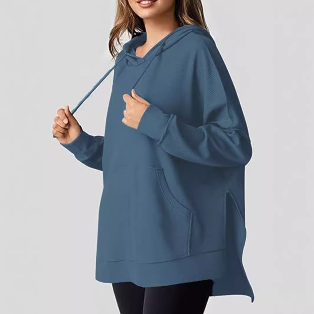 Women's Hoodie Waffle Knitted Side Slit Pullover With Pocket Women's Sweater, Sweater