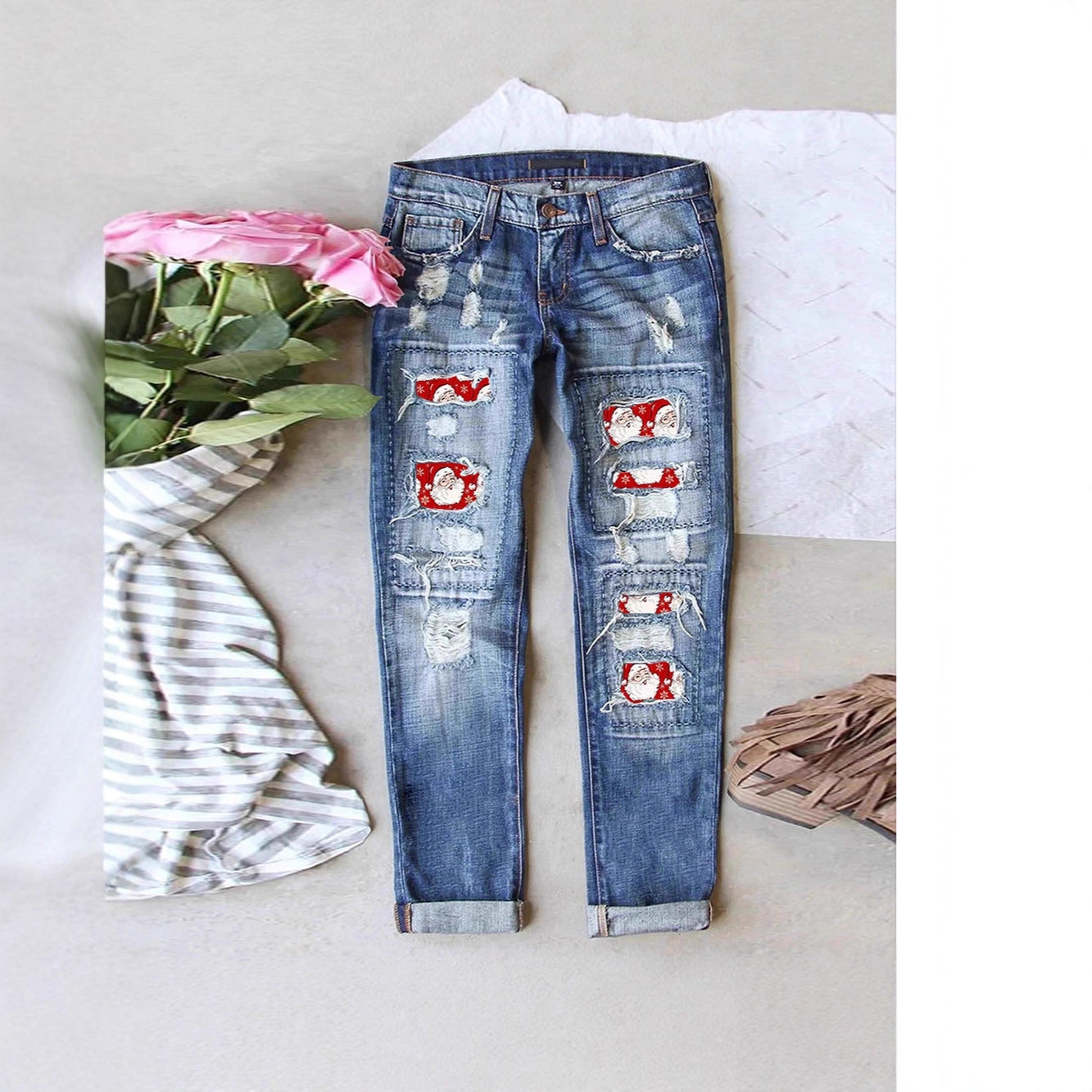 Unique Women's Ripped Print Patch Trousers Jeans