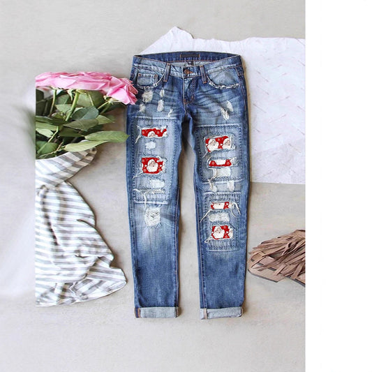 Unique Women's Ripped Print Patch Trousers Jeans