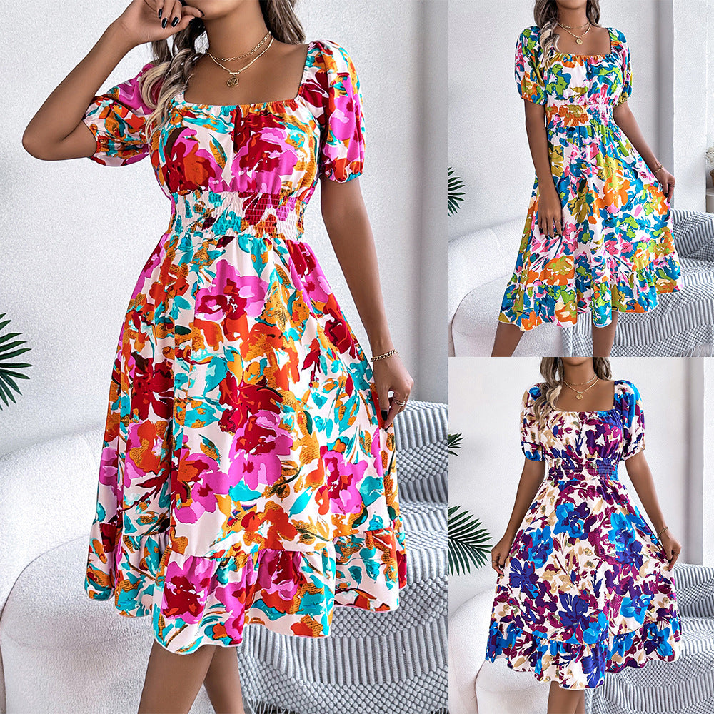 Women's Flower Square Collar Sleeve Waist Trimming Ruffles A- Shorts