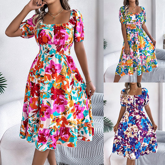 Women's Flower Square Collar Sleeve Waist Trimming Ruffles A- Shorts