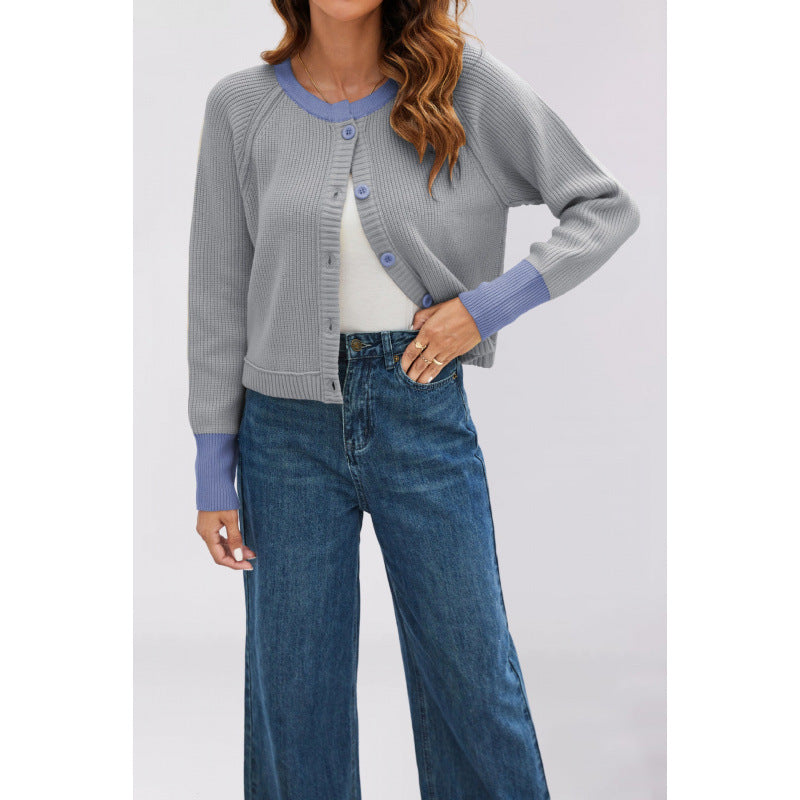Women's Fashion Round Neck Single Row Button Contrast Color Sweaters