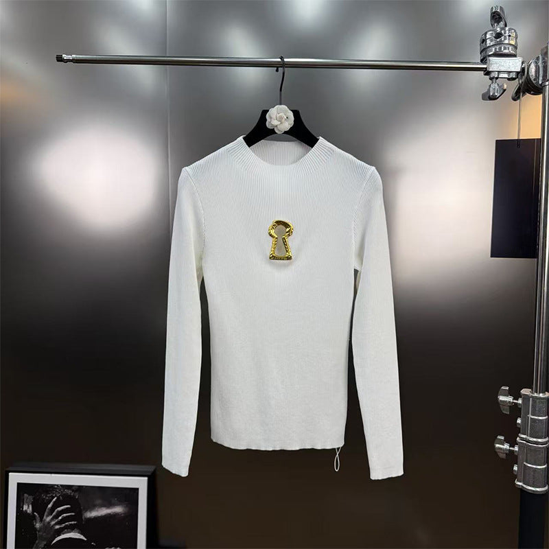 Women's Style High-grade Autumn Temperament Crew Neck Metal Decorative Long-sleeved Blouses