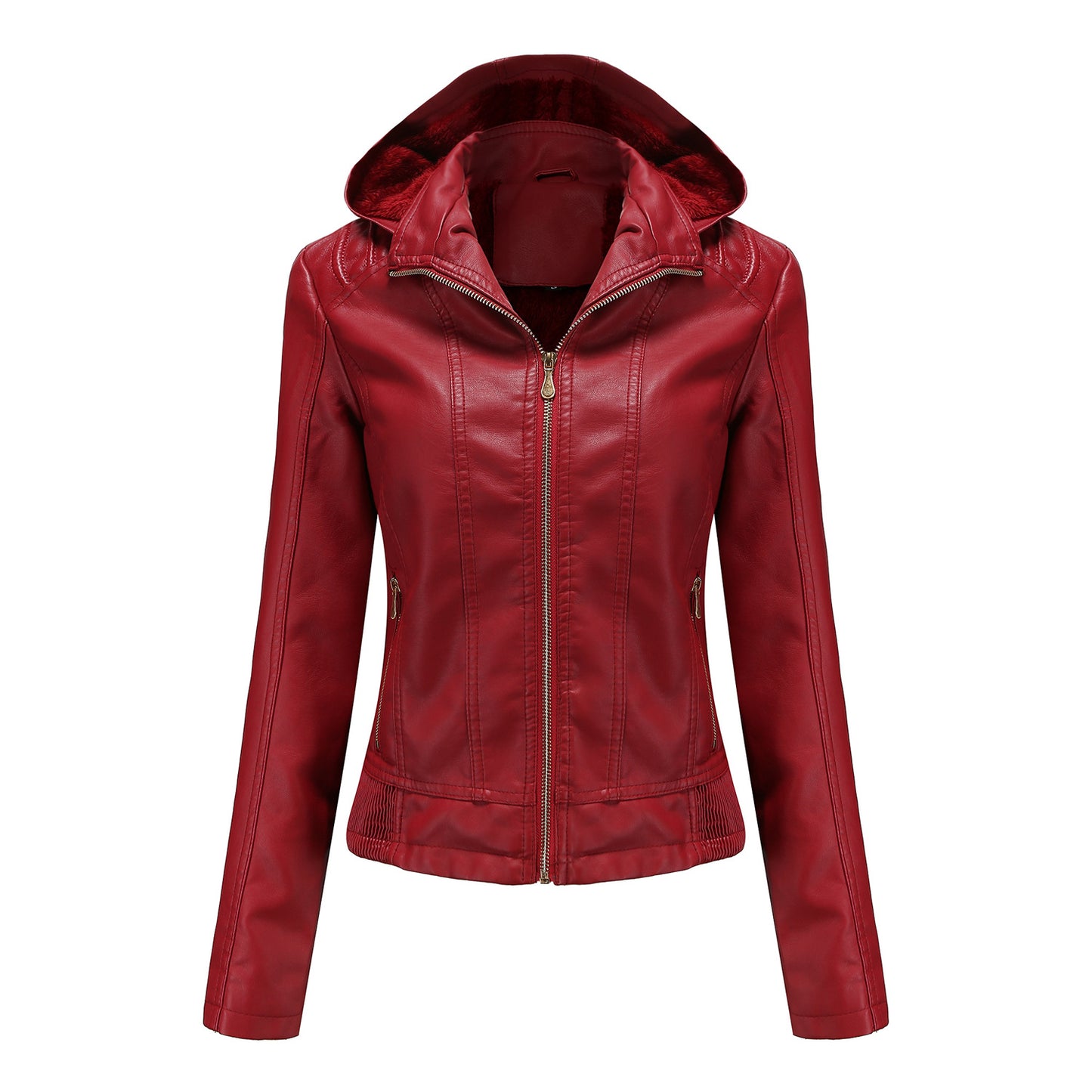Women's Leather Detachable Hat Zipper Fleece-lined European Jackets