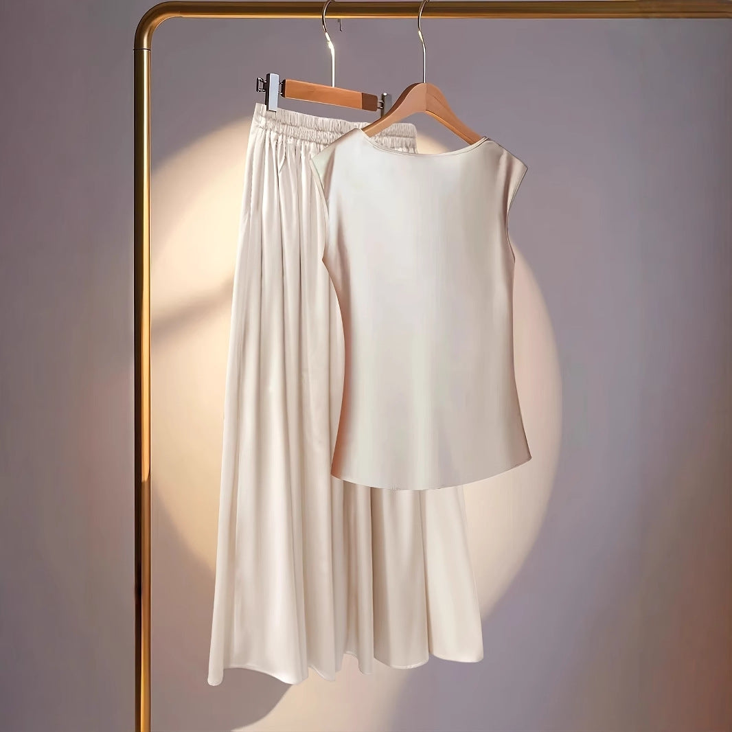 Satin Dress Solid Color Sleeveless Swing Collar Skirts