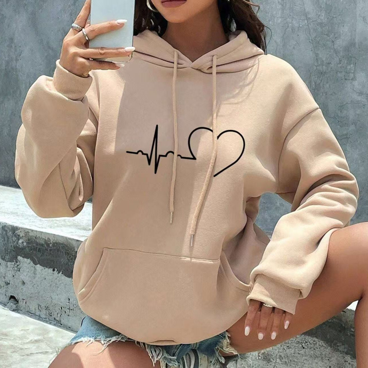 Women's Printed Love Letter Loose Comfortable Hooded Color Sweaters