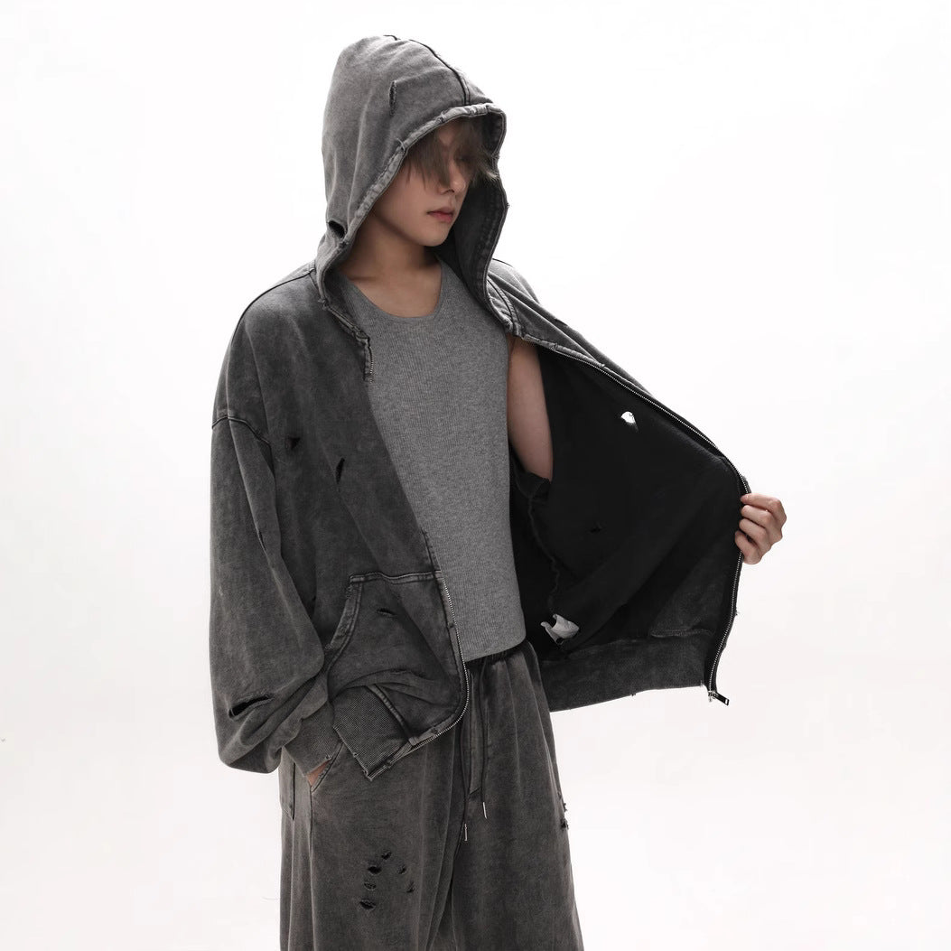 Ripped Long Sleeves Hooded Washed Heavy Sweaters