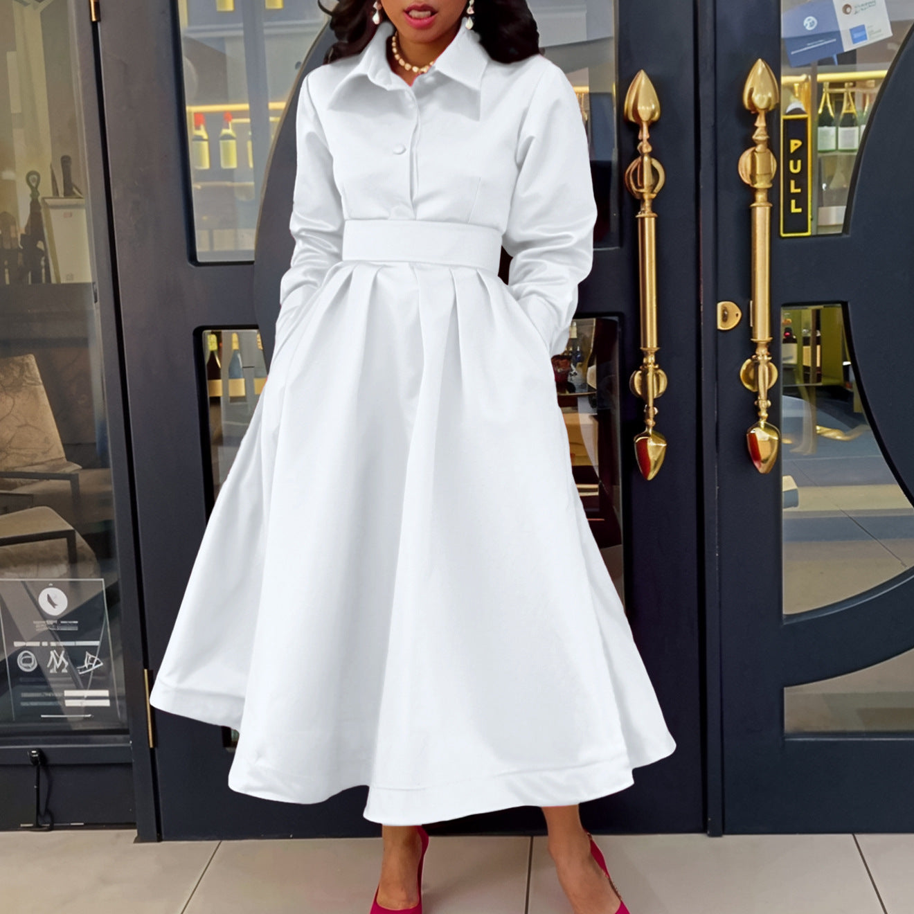 Women's Swing Solid Color Lapel Long Sleeve A- Line Dresses
