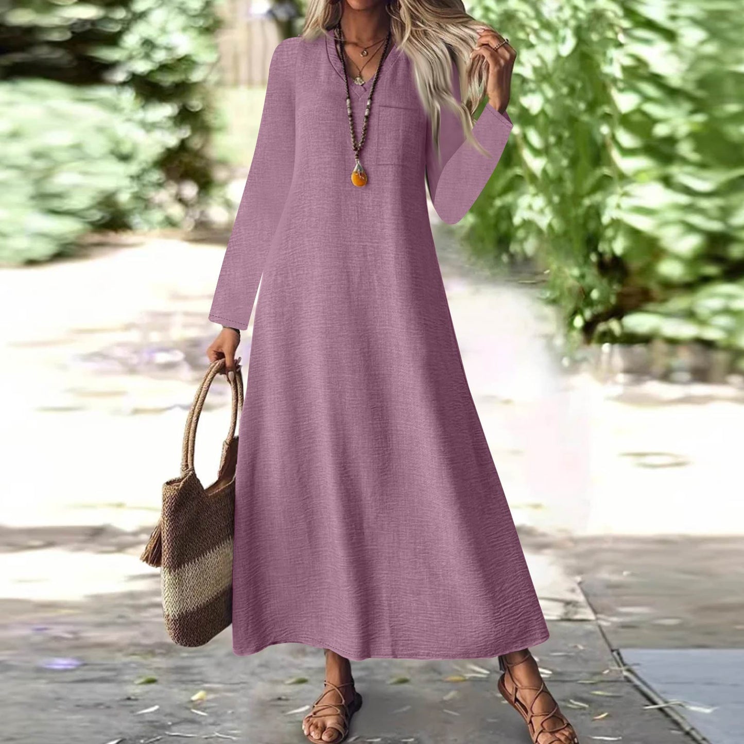 Summer Back Zipper Cotton Linen Solid Color Dress