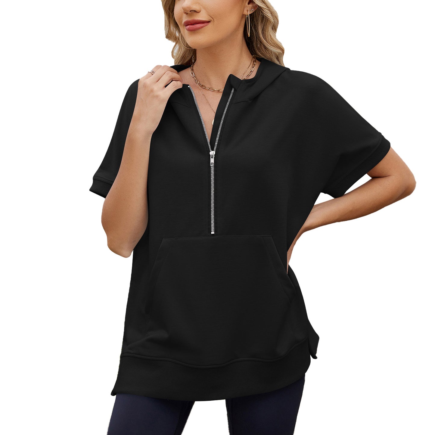 Loose Sleeve Zipper Pocket Thin Hoodies Women's Sweater, Sweater