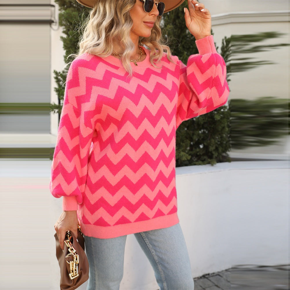 Women's Large Pullover Patchwork Mid-length Round Neck Sweaters