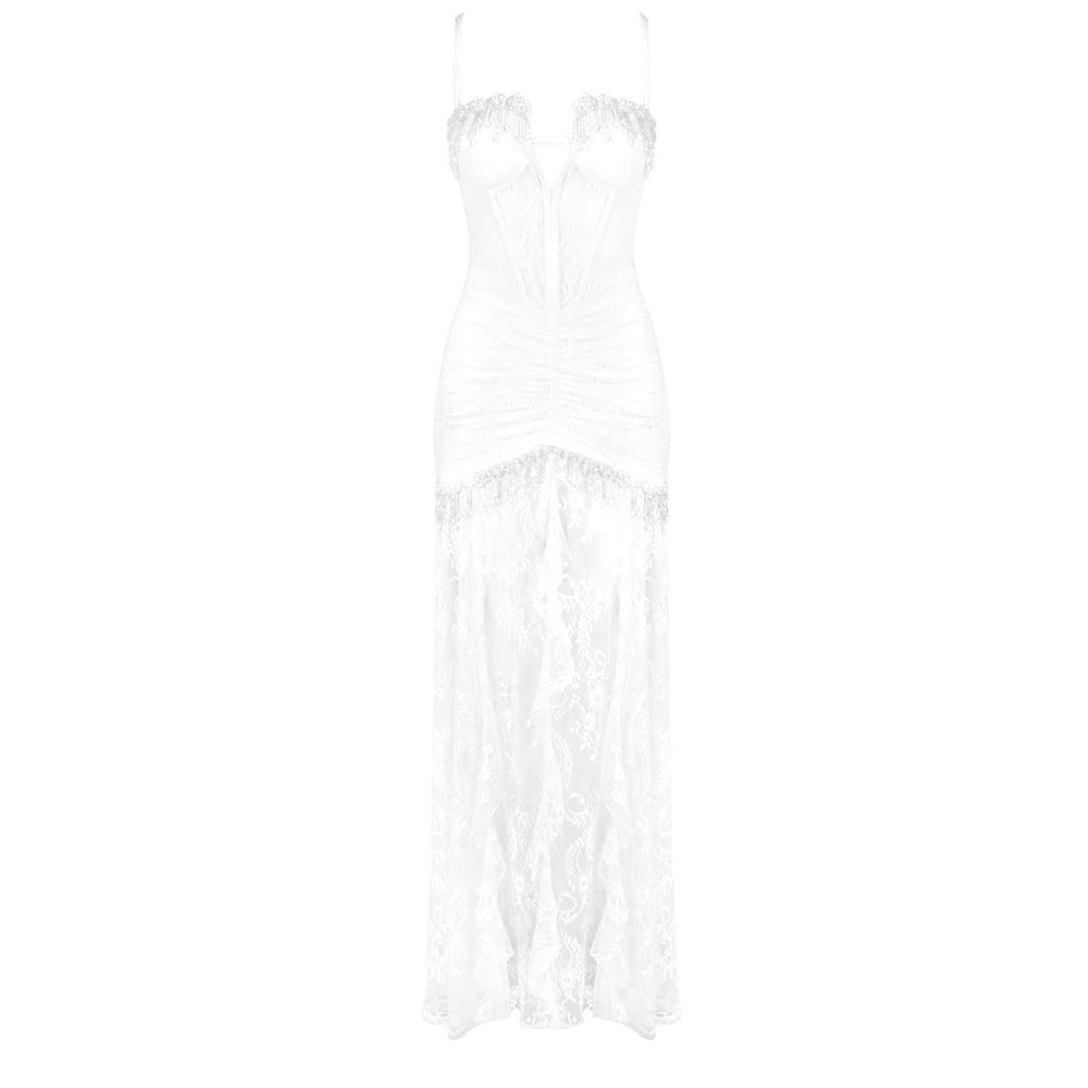 Women's White Sexy Tube Lace Slim Long Tops