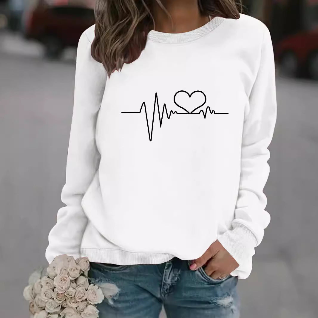 Women's Long-sleeved Round Neck Heartbeat Print Pullover Women's Sweater, Sweater