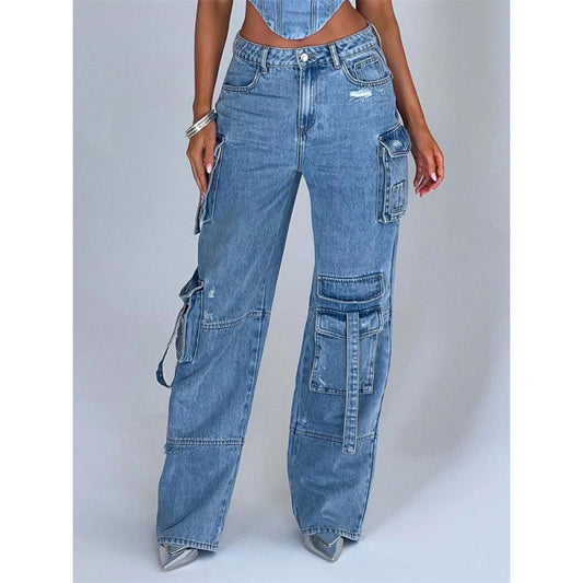 Women's Long Hot Trousers Straight Denim Overalls Style Pants