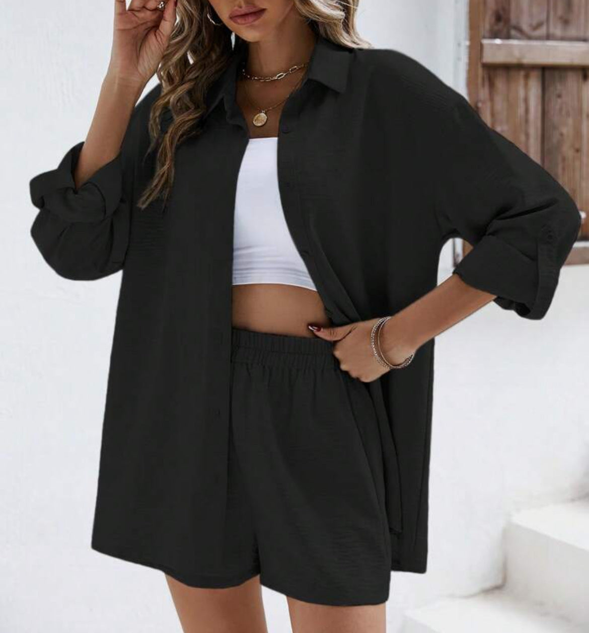 Women's Solid Color Lapel Long Sleeve Shirt Elastic High Waist Fashion Casual Suit