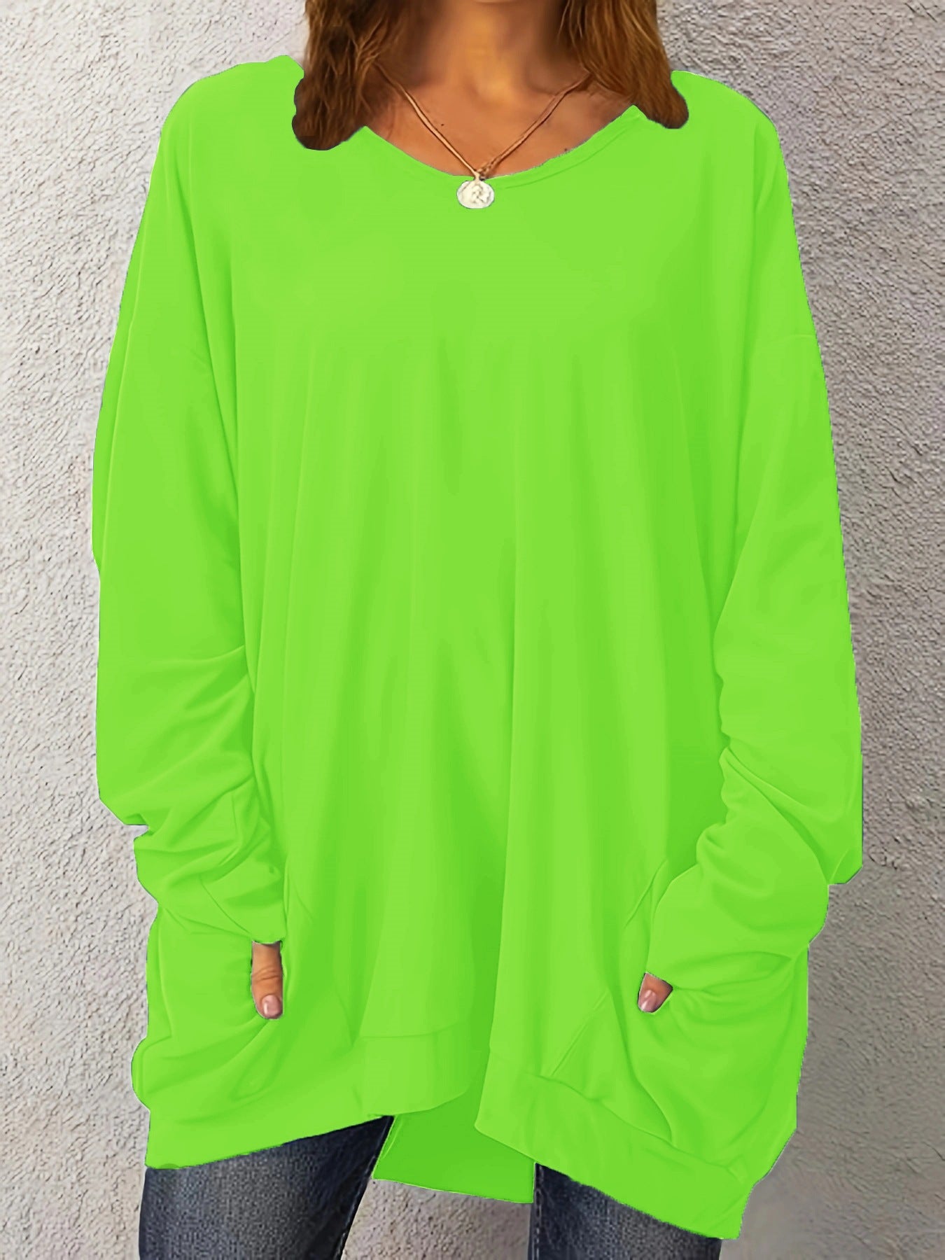 Women's Pullover Long-sleeved Double Pocket Solid Color Tops