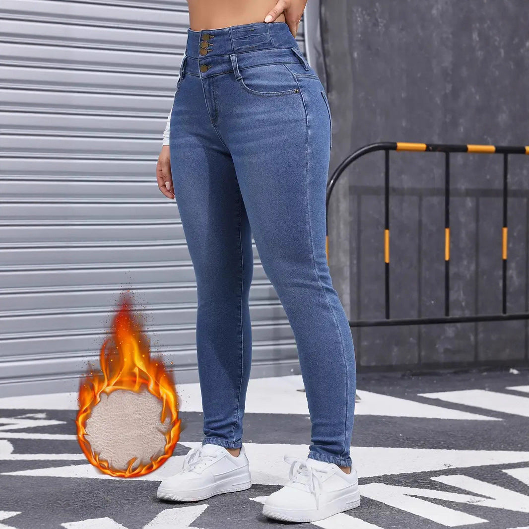 Women's Fashionable Fleece-lined Elastic Skinny Solid Color Women's Jeans