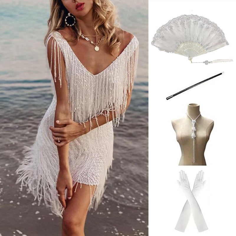 Women's Vintage Sequined Party Dinner Dress Tassel Dresses