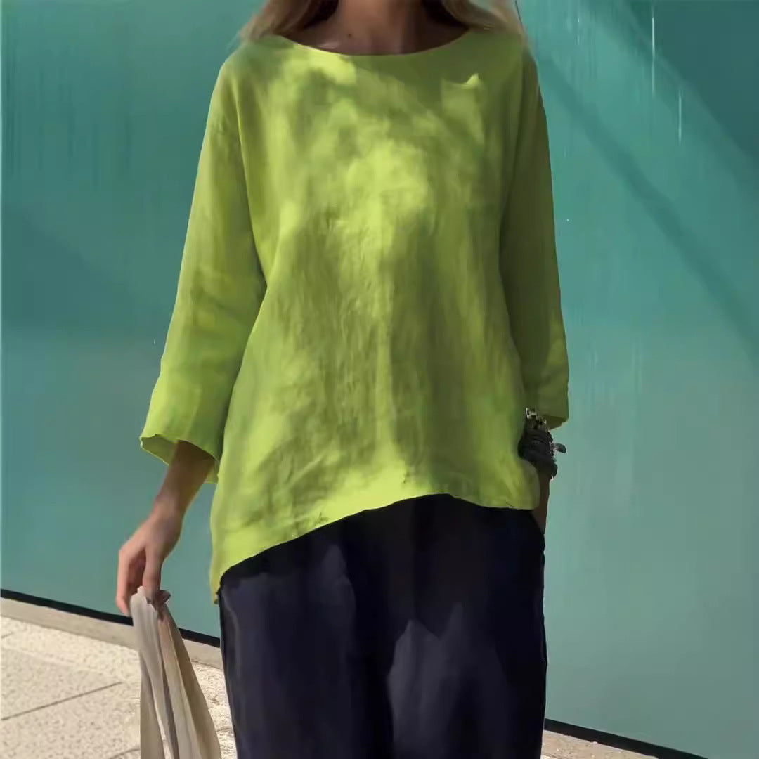 Women's Sleeve Round Neck Cotton Linen Loose Tops