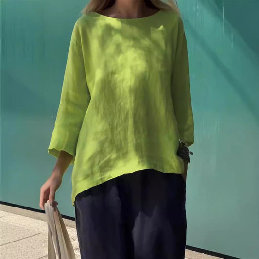 Women's Sleeve Round Neck Cotton Linen Loose Tops