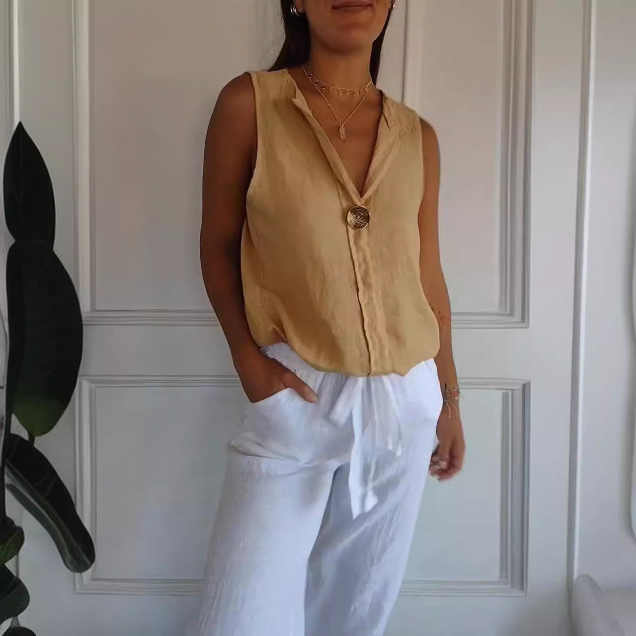 Women's Fake Collar Cotton Linen Sleeveless Casual Women's T-shirt