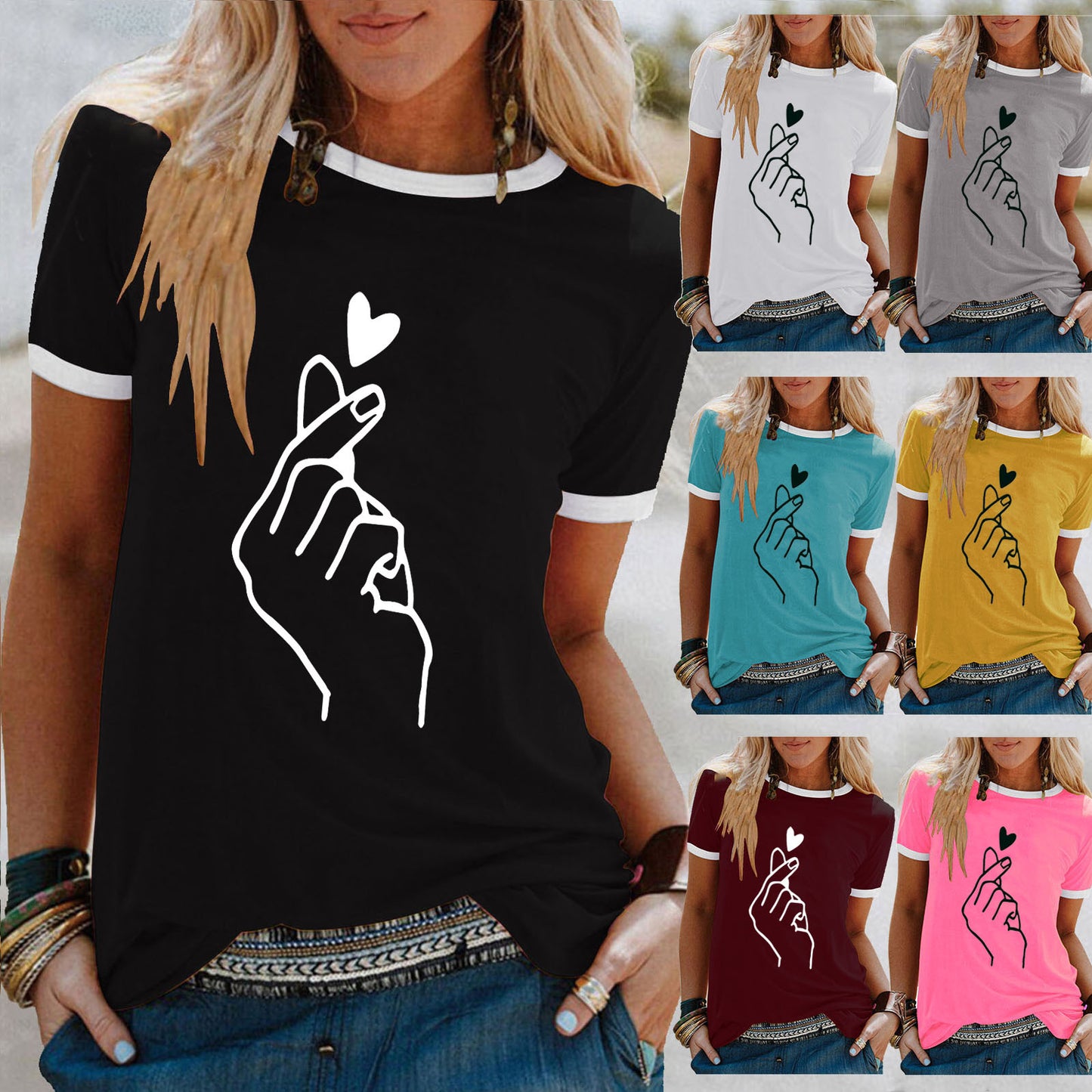 Women's Summer Shirt Finger Print Loose Round Neck Women's T-shirt