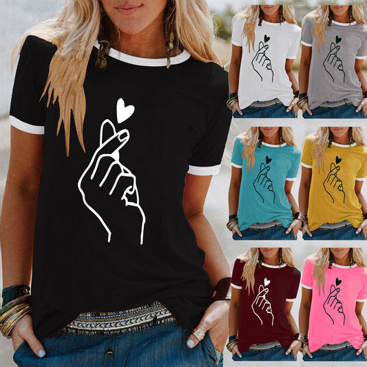 Women's Summer Shirt Finger Print Loose Round Neck Women's T-shirt