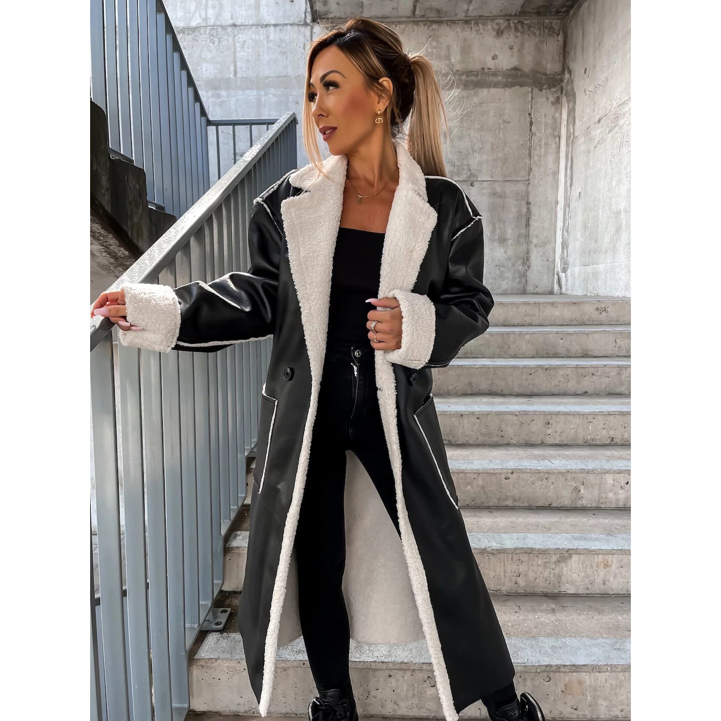 Women's Casual Leather Thickened Trench Loose Fashionable Coats